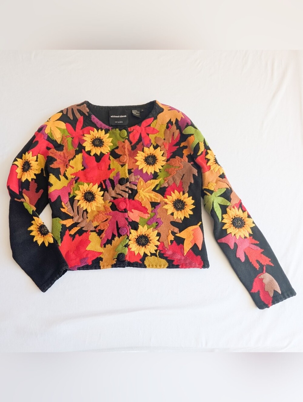 Michael Simon 90s cardigan Long Sleeve sweater Autumn Fall Leaves Size Sml
